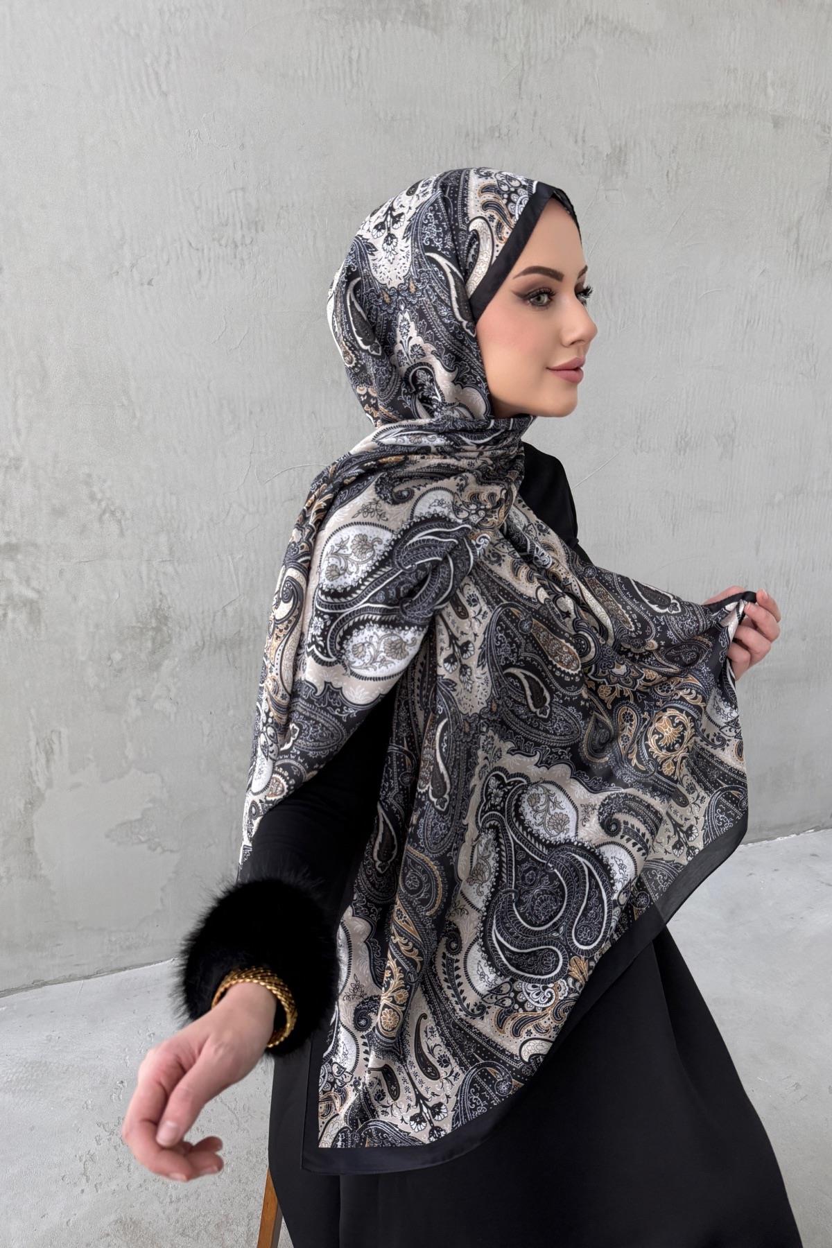 Siyah&Vizon Amour Bohem Modal İpek Şal