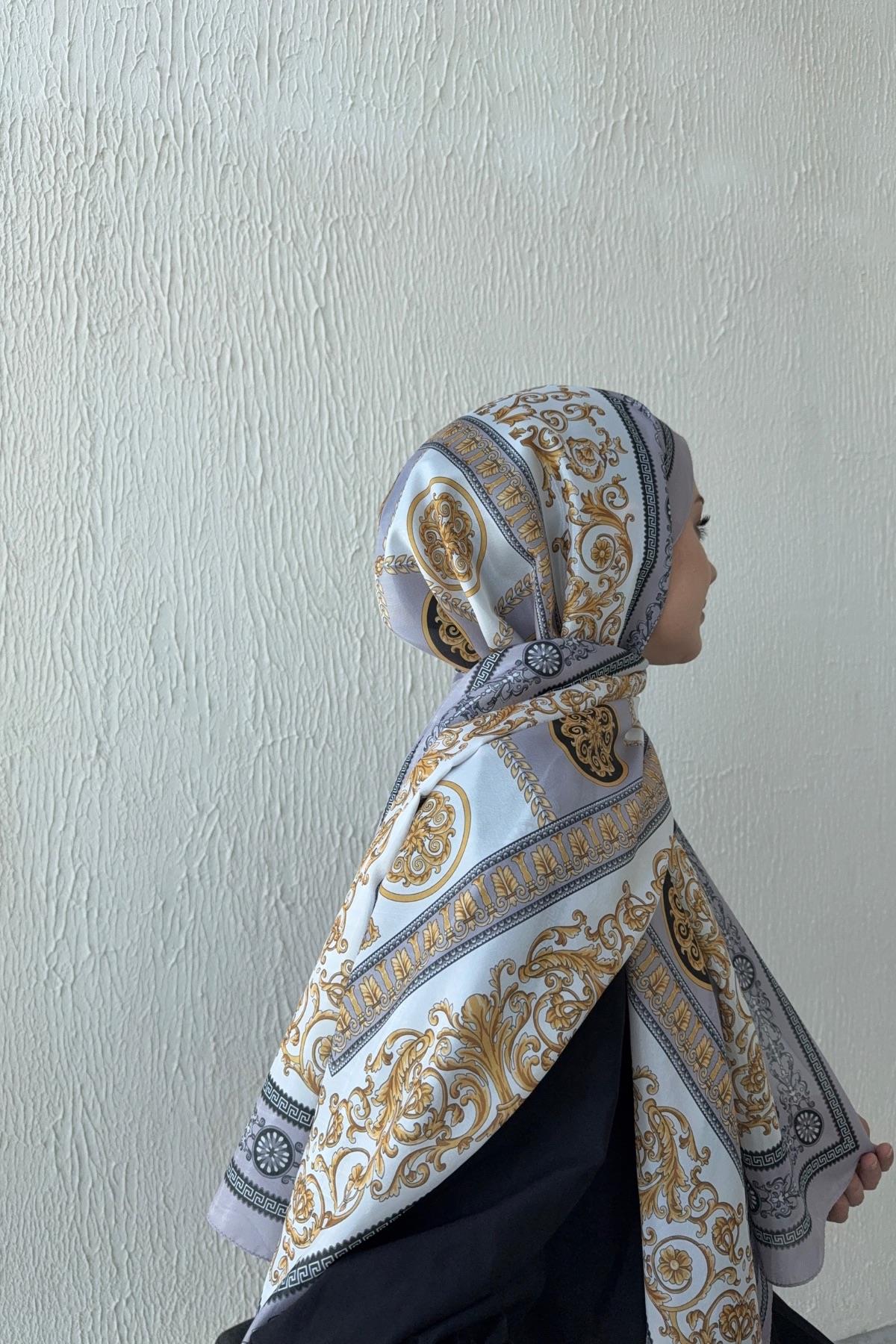 Versac Desen Vual İpek Şal Gri