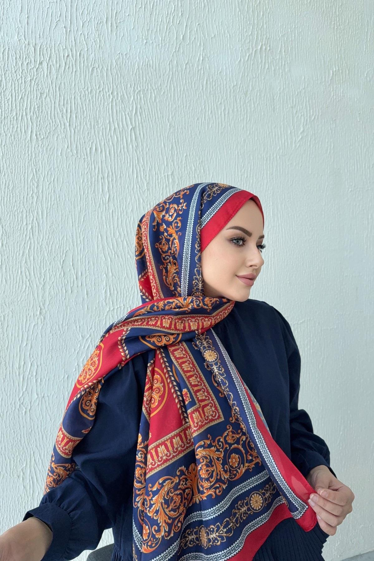 Versac Desen Vual İpek Şal Lacivert 