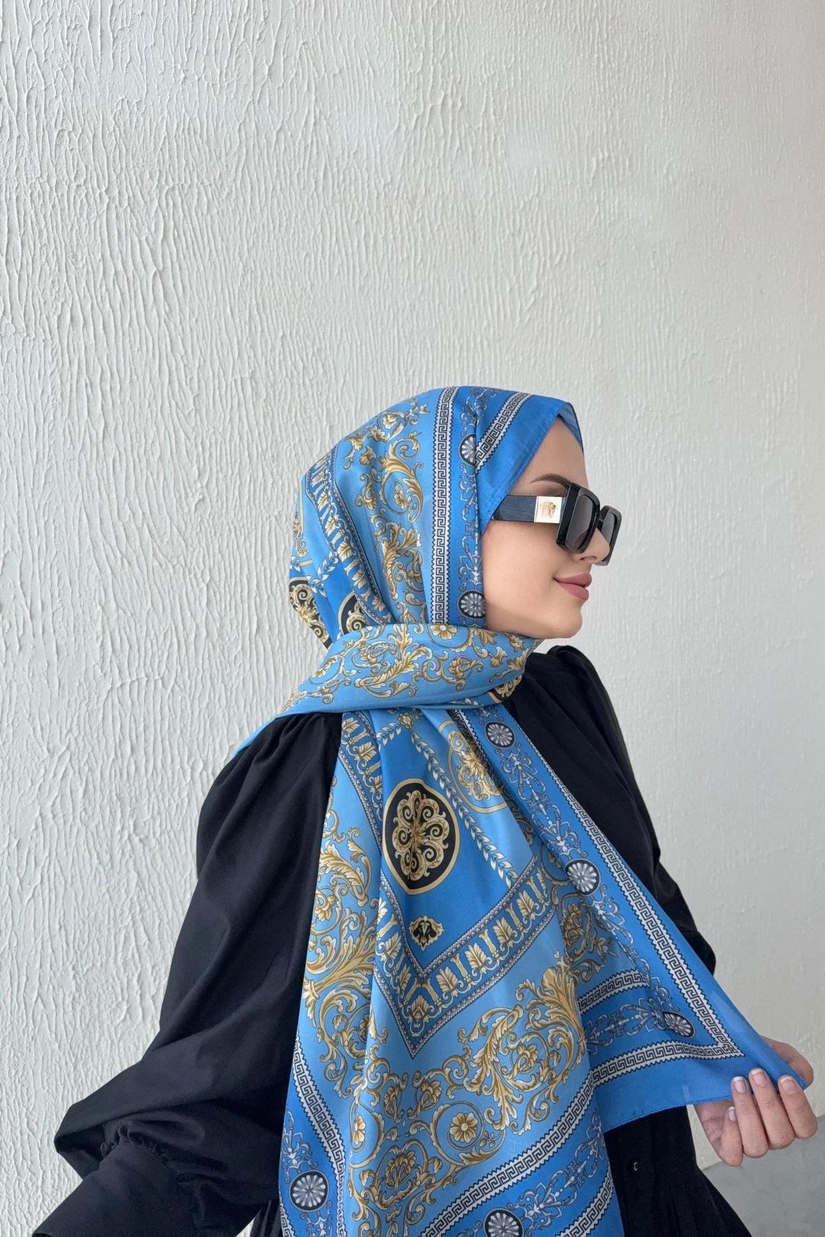 Versac Desen Vual İpek Şal Mavi