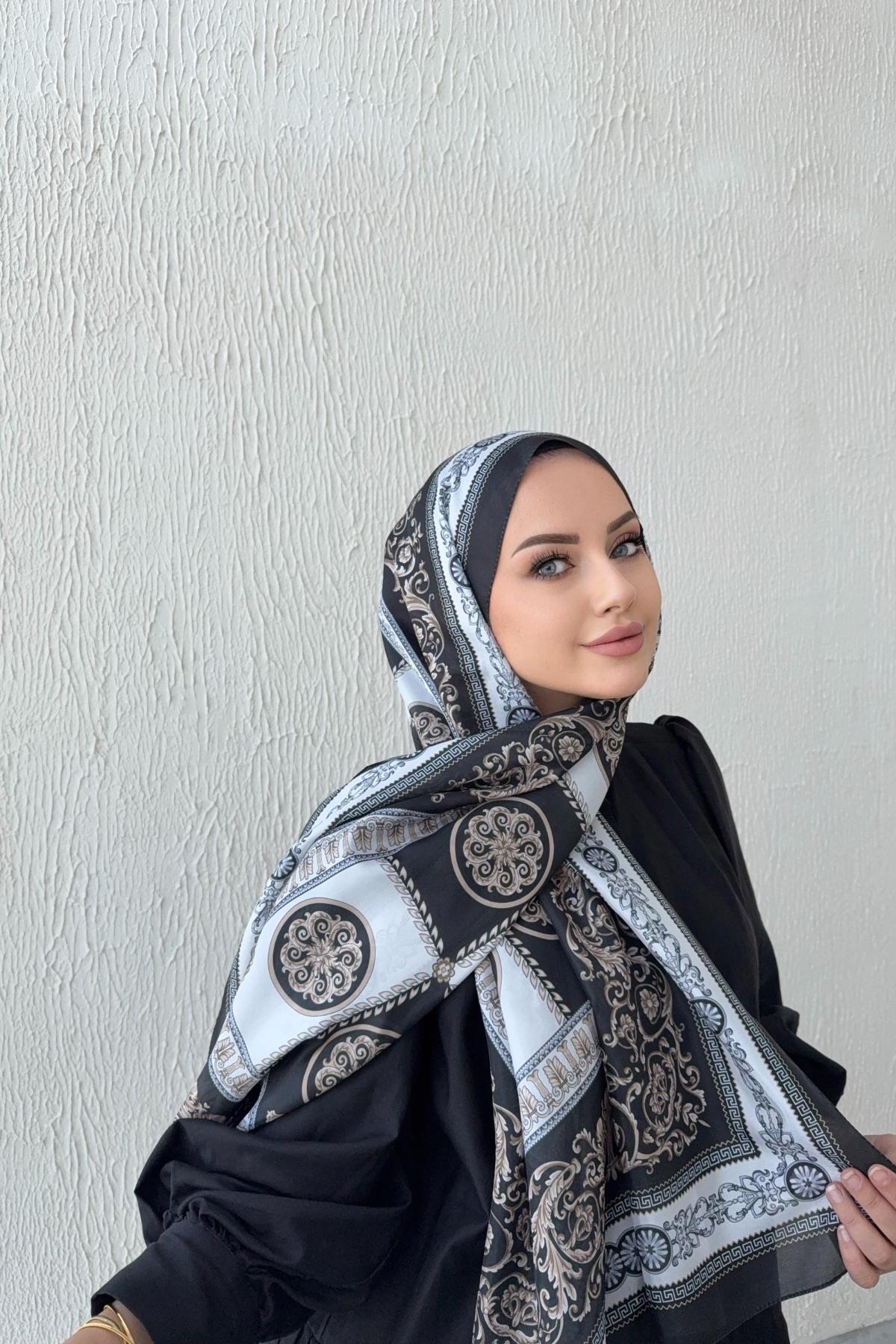 Versac Desen Vual İpek Şal Siyah & Vizon