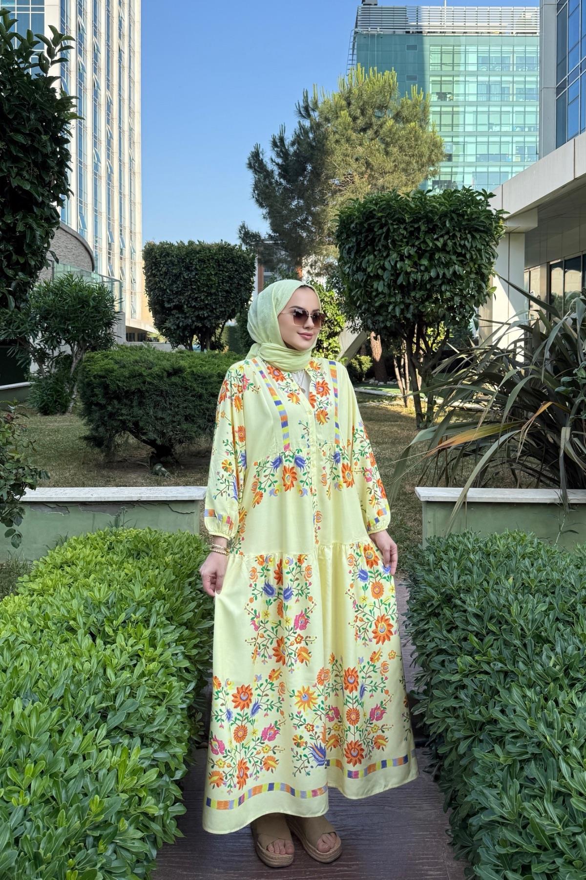 Viskon Elbise Bahar Sarı 