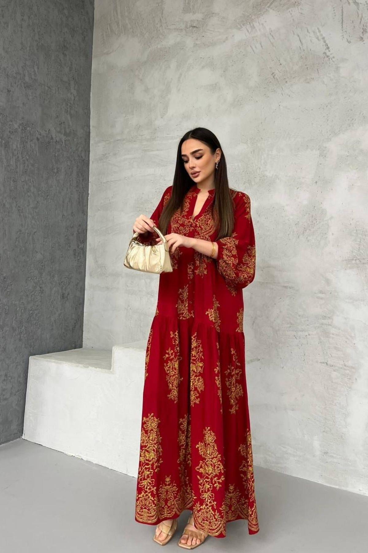 Viskon Elbise Firuze Bordo