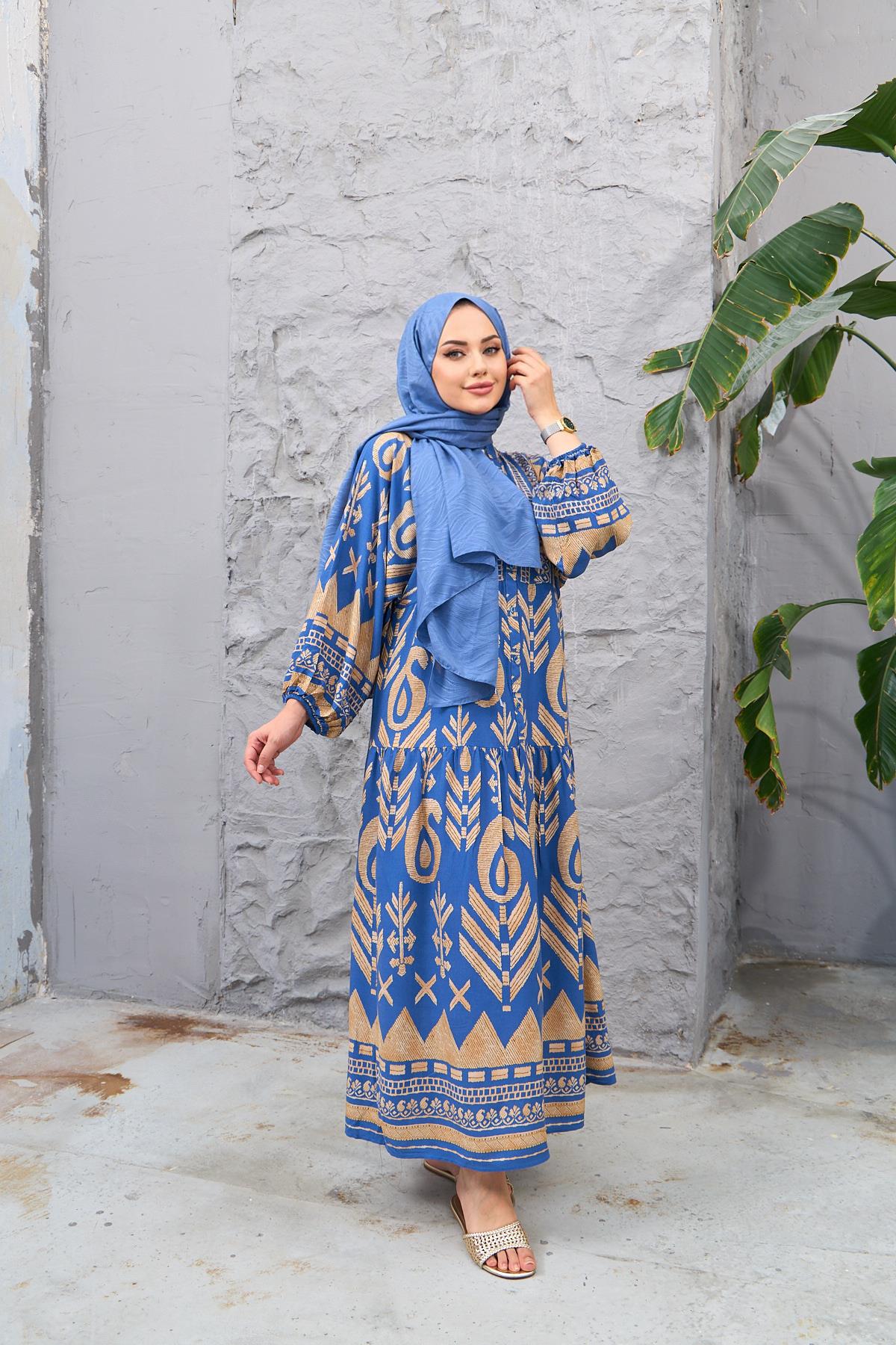 Viskon Elbise Rüya Mavi