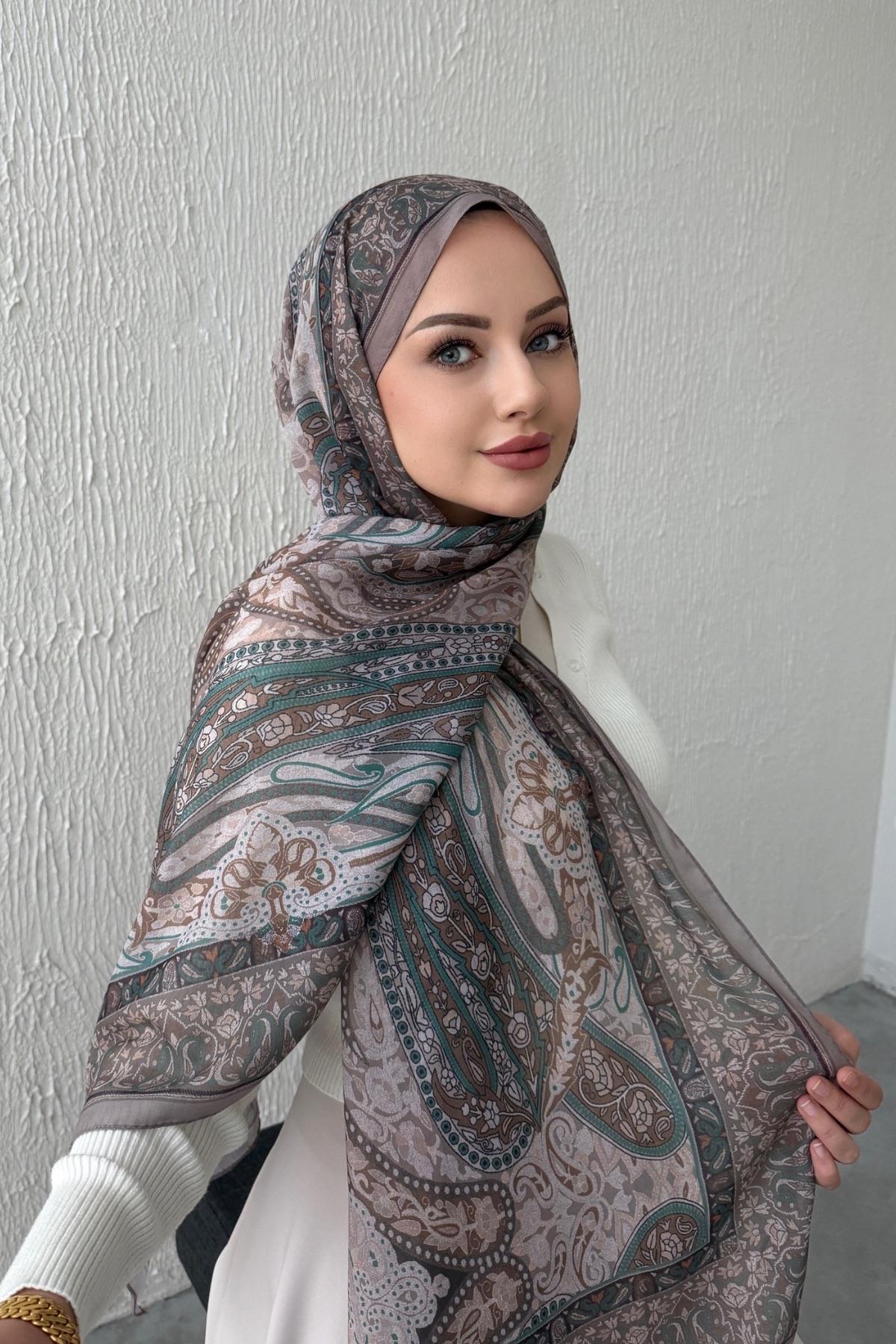 Vizon & Yeşil Bohem Modal İpek Şal  