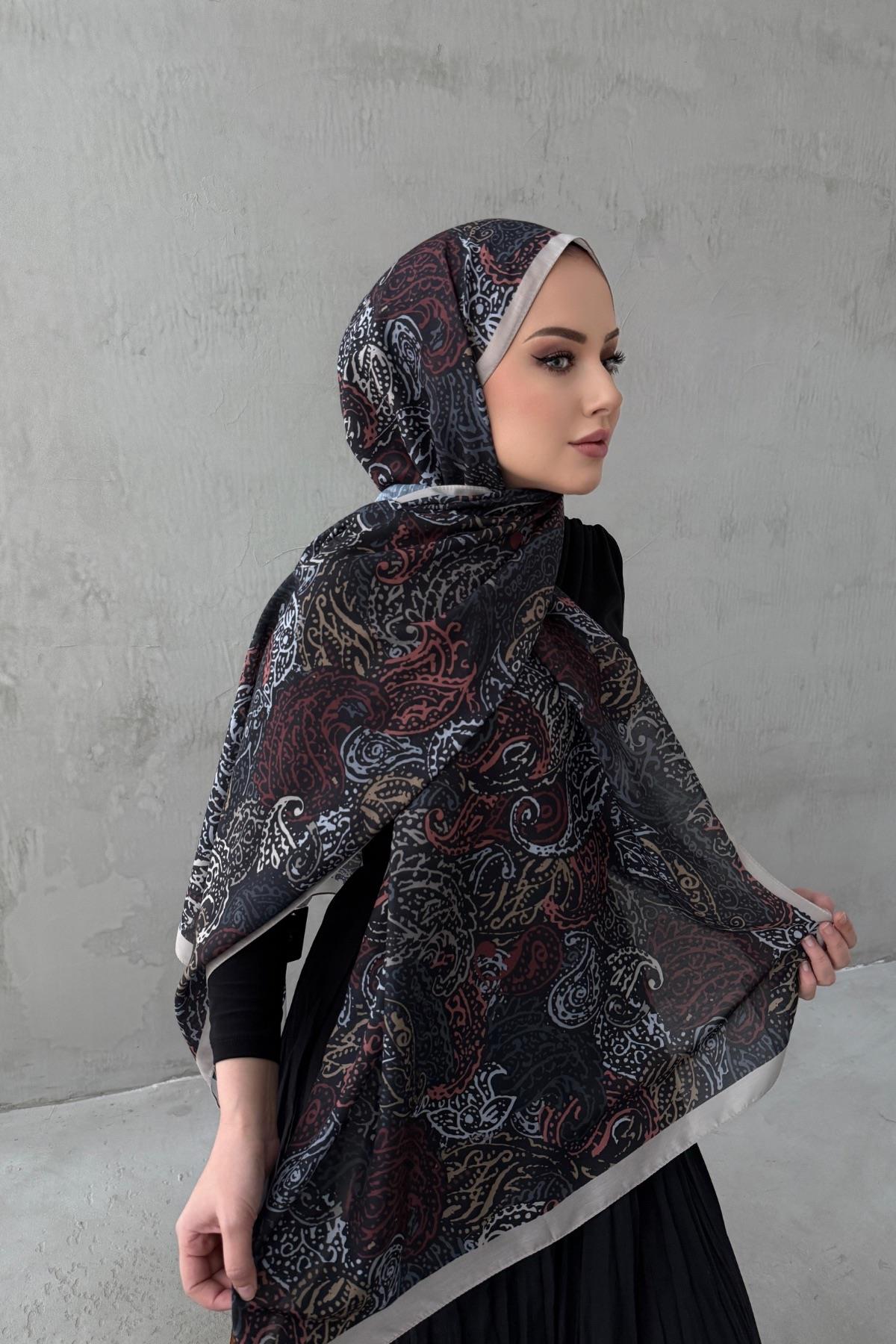 Vizon&Siyah Alaca Bohem Modal İpek Şal