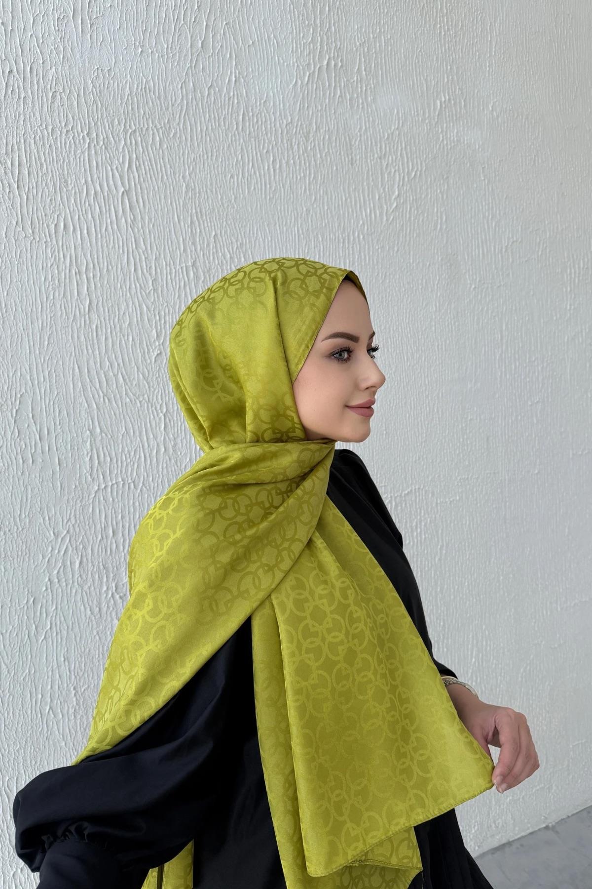 Yağ Yeşili Geometrik Jakar Şal