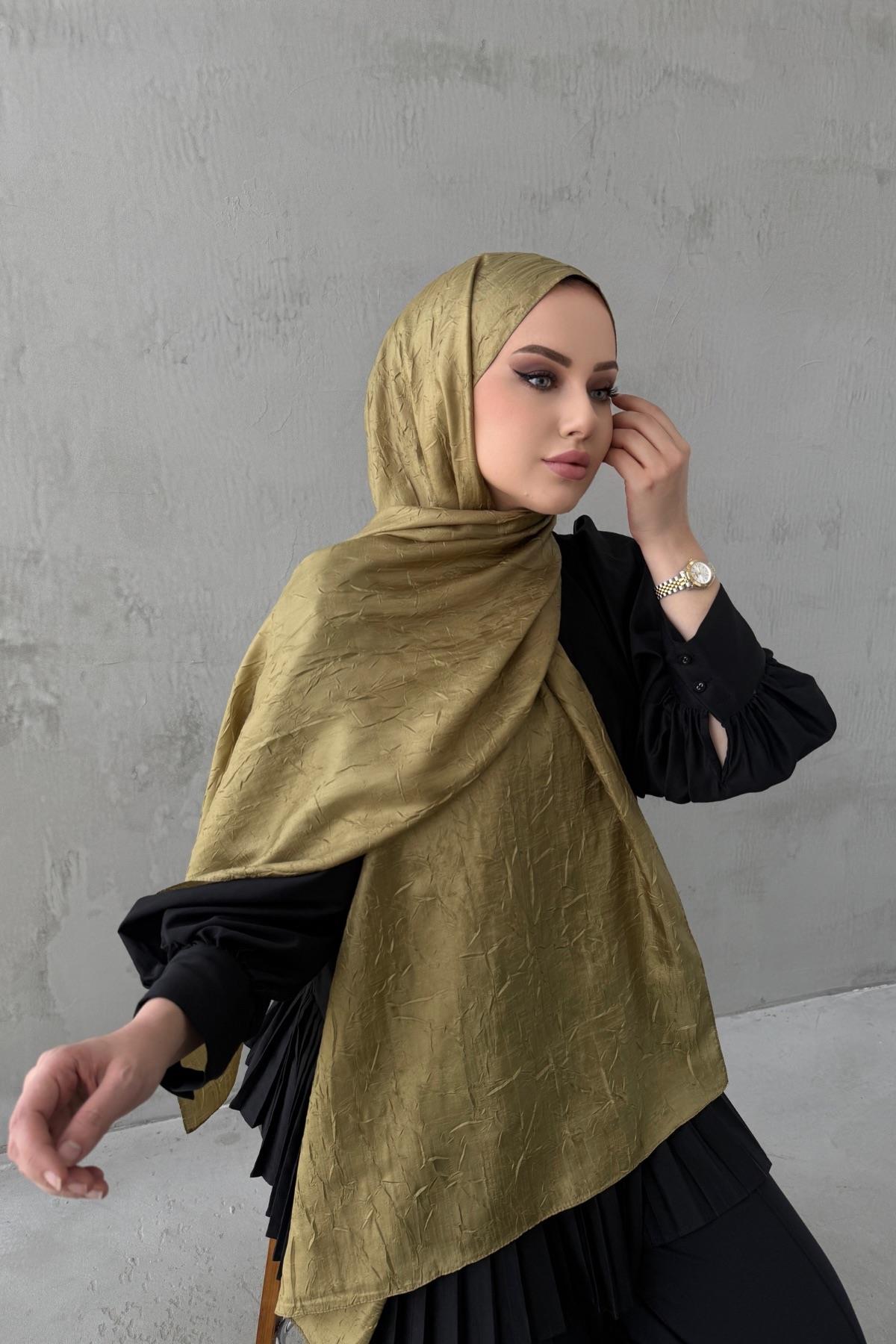 Yağ Yeşili Vual İpek Crash Şal