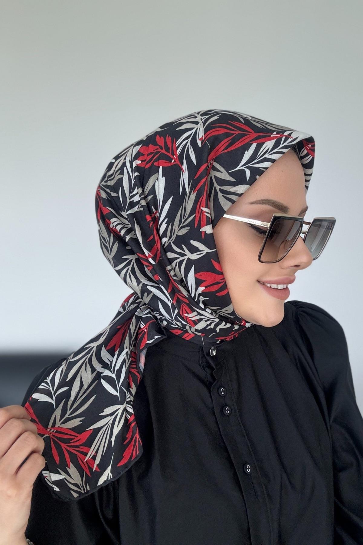 Yaprak Desen Dijital Soft Eşarp Siyah