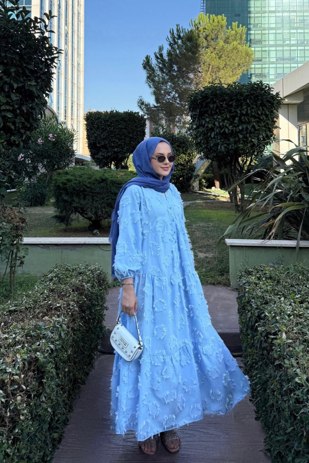 Yelda Premium Keten Elbise Mavi