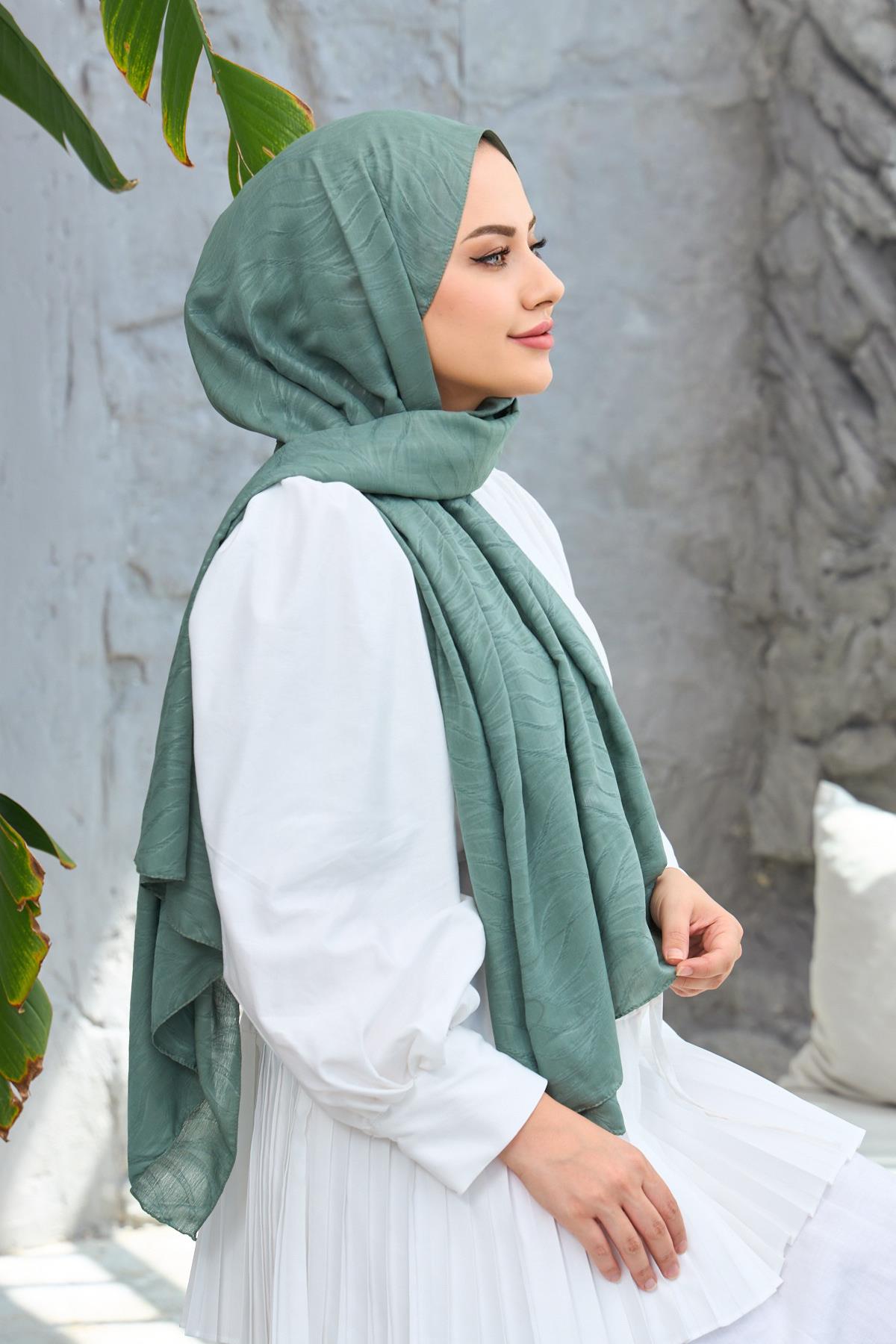 Yeşil Kendinden Desenli Fresh Şal