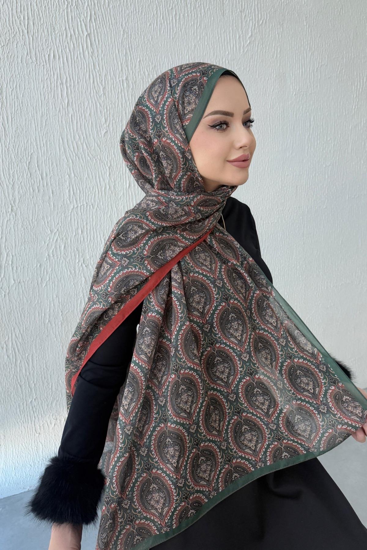 Yeşil Nazende Bohem Modal İpek Şal