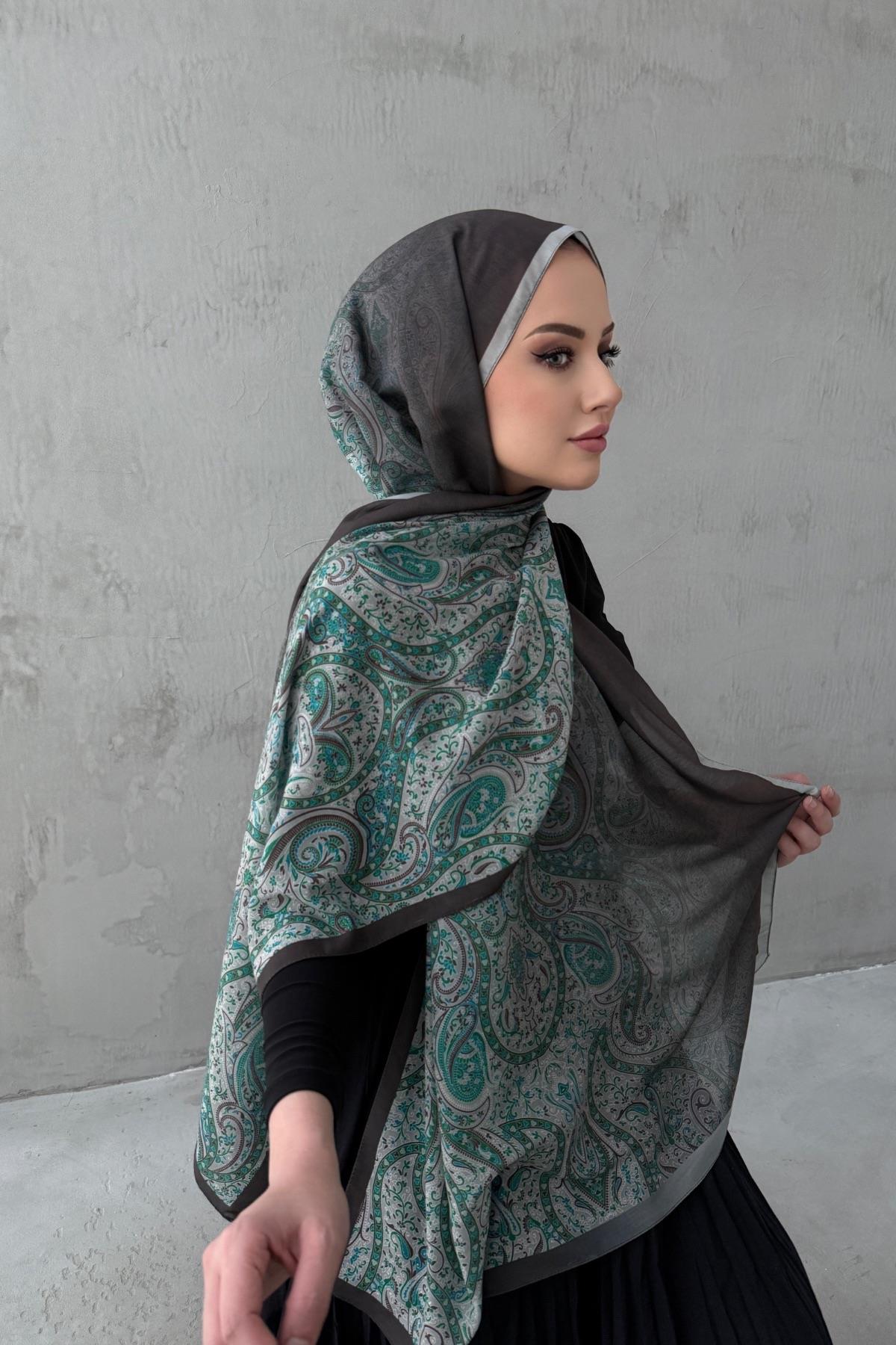 Yeşil&Kahverengi Hare Bohem Modal İpek Şal