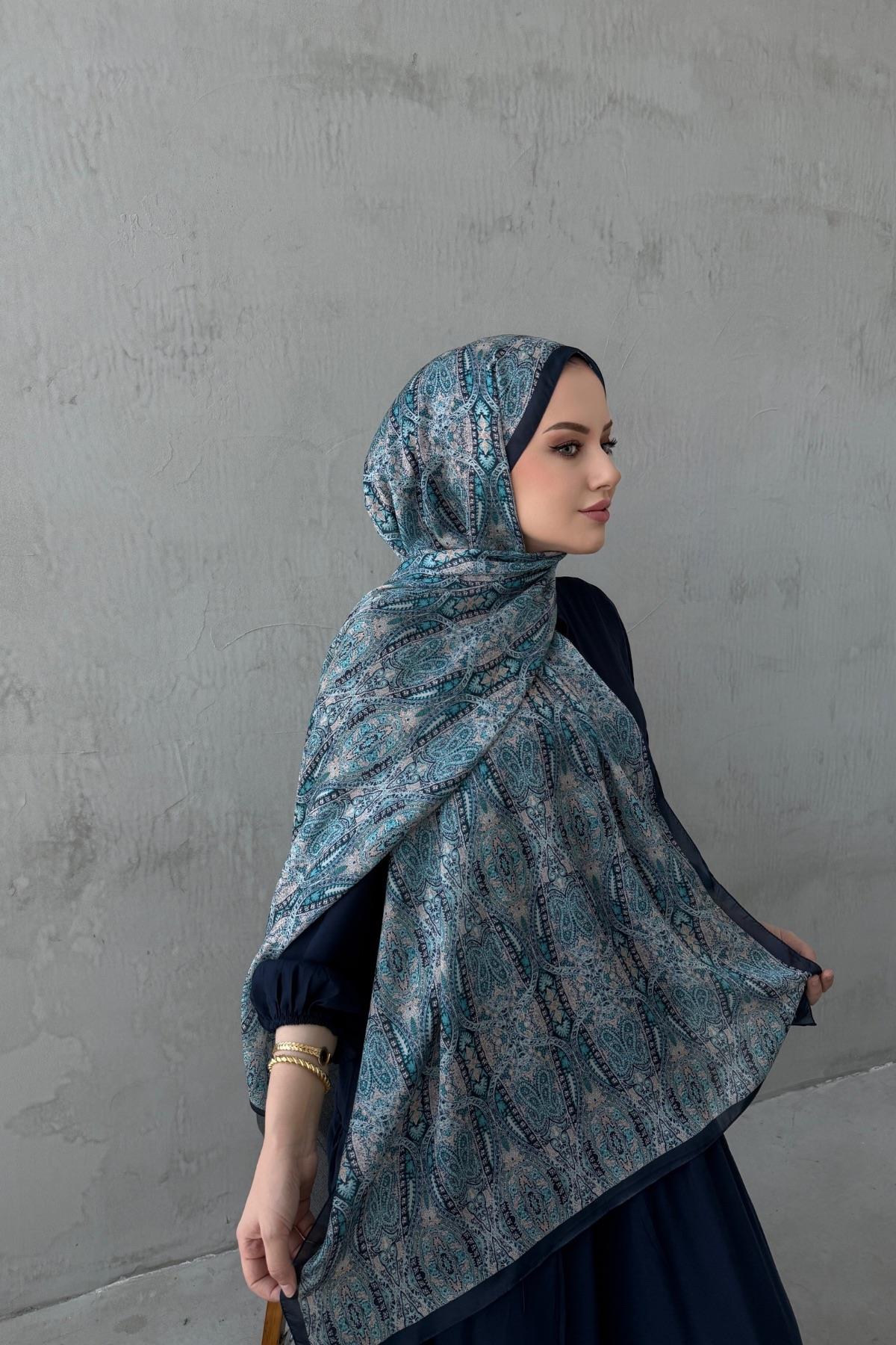 Yeşil&Lacivert Buse Otantik Hint İpeği Şal 