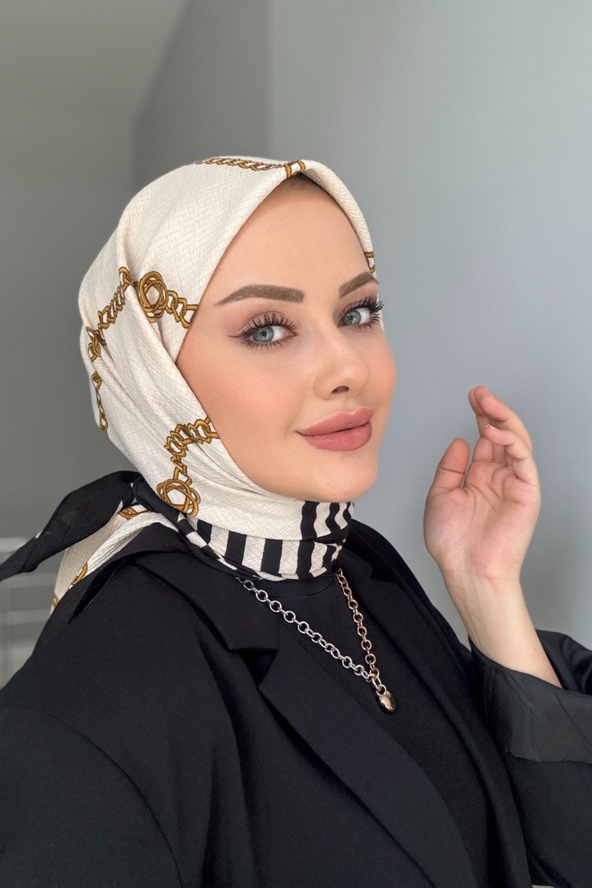 Zincir desen naturel eşarp ekru siyah