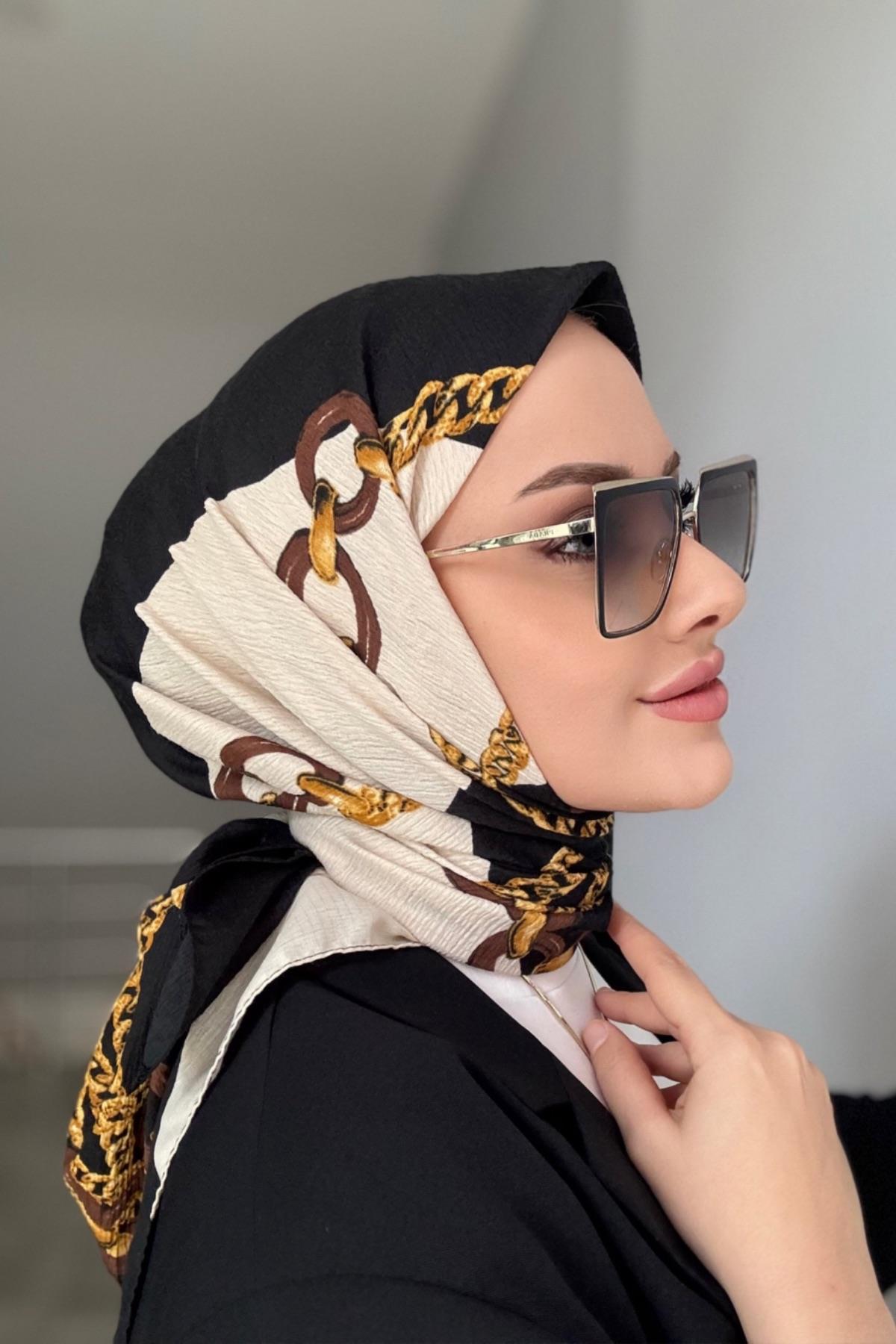 Zincir Desen Naturel Eşarp Gold Kahve Zincir