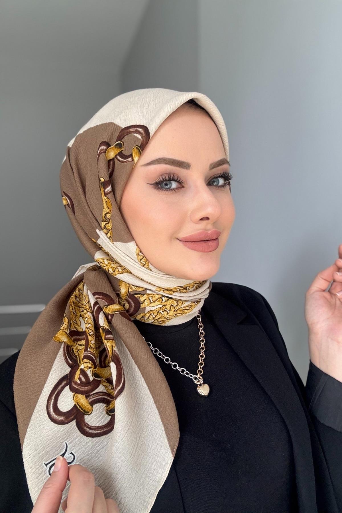 Zincir Desen Naturel Eşarp Koyu Vizon Bej