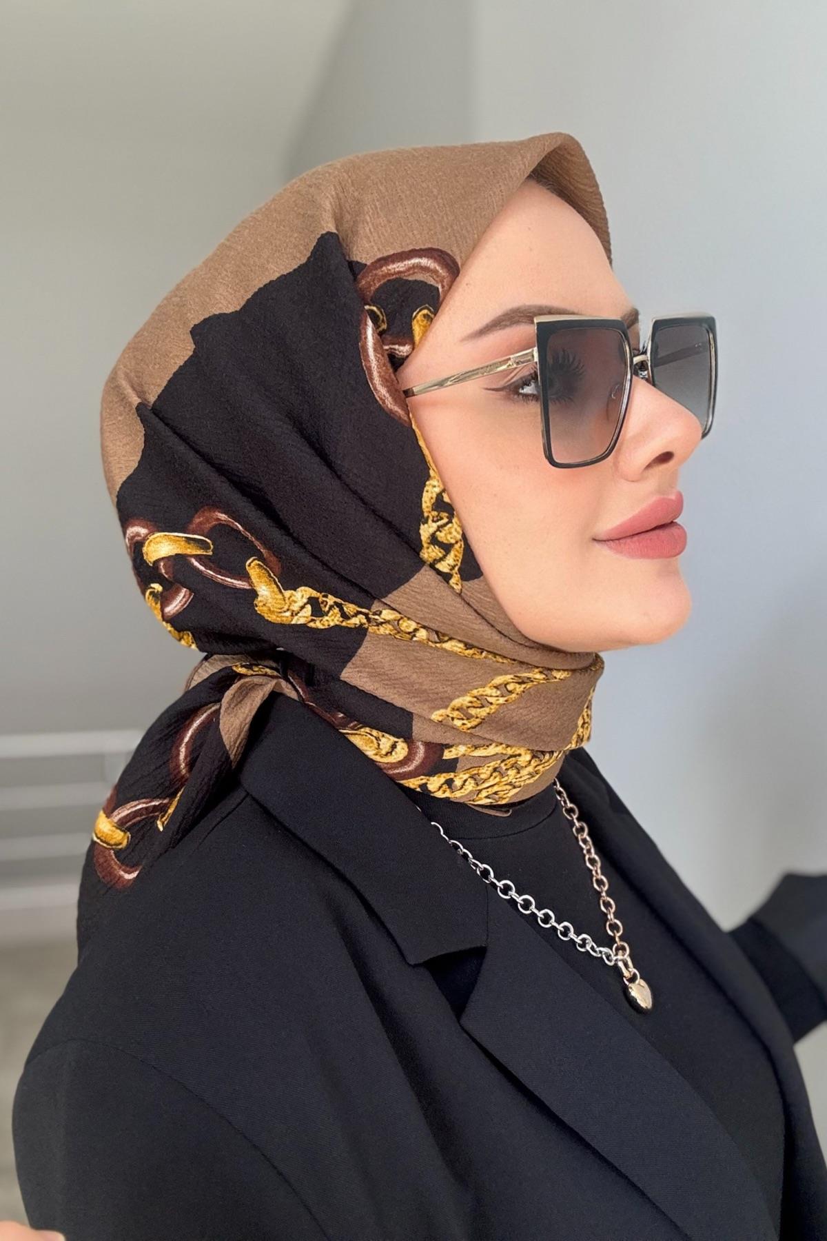 Zincir Desen Naturel Eşarp Koyu Vizon