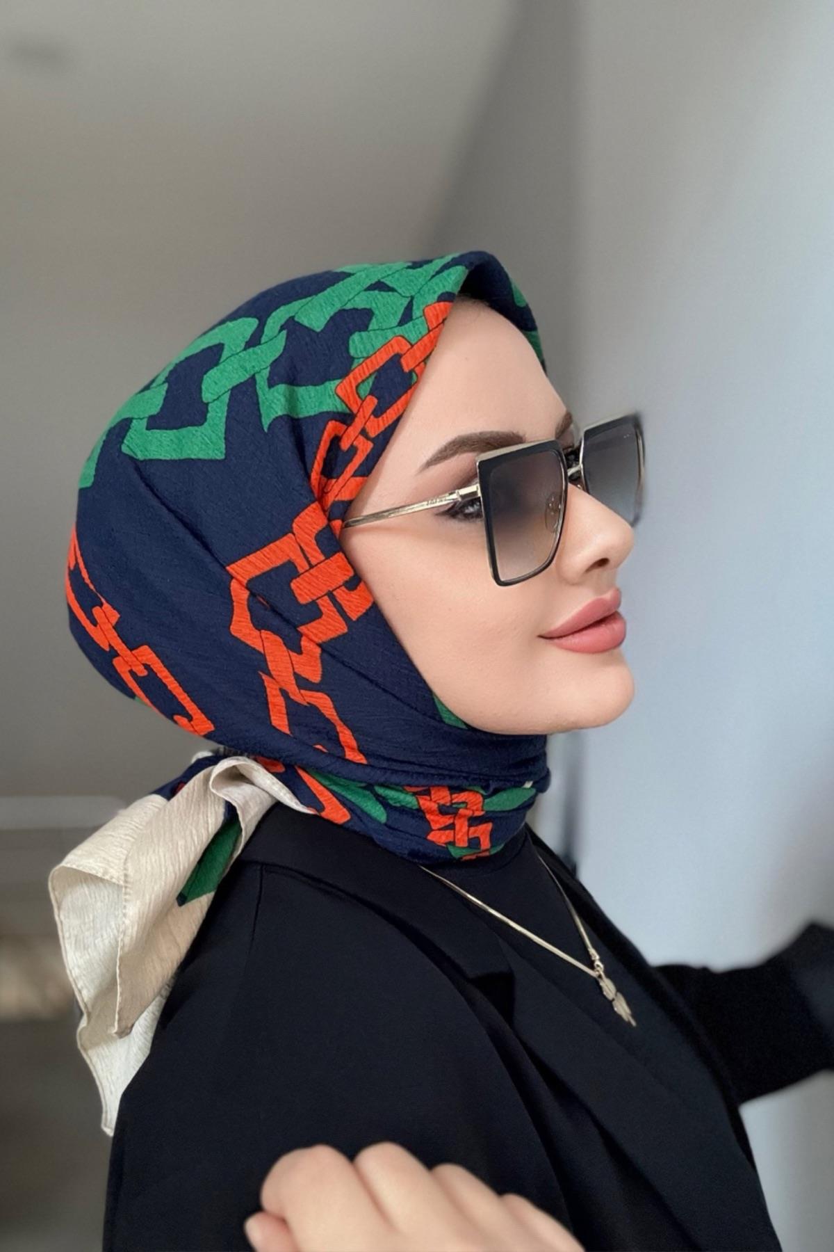 Zincir Desen Naturel Eşarp Lacivert Turuncu