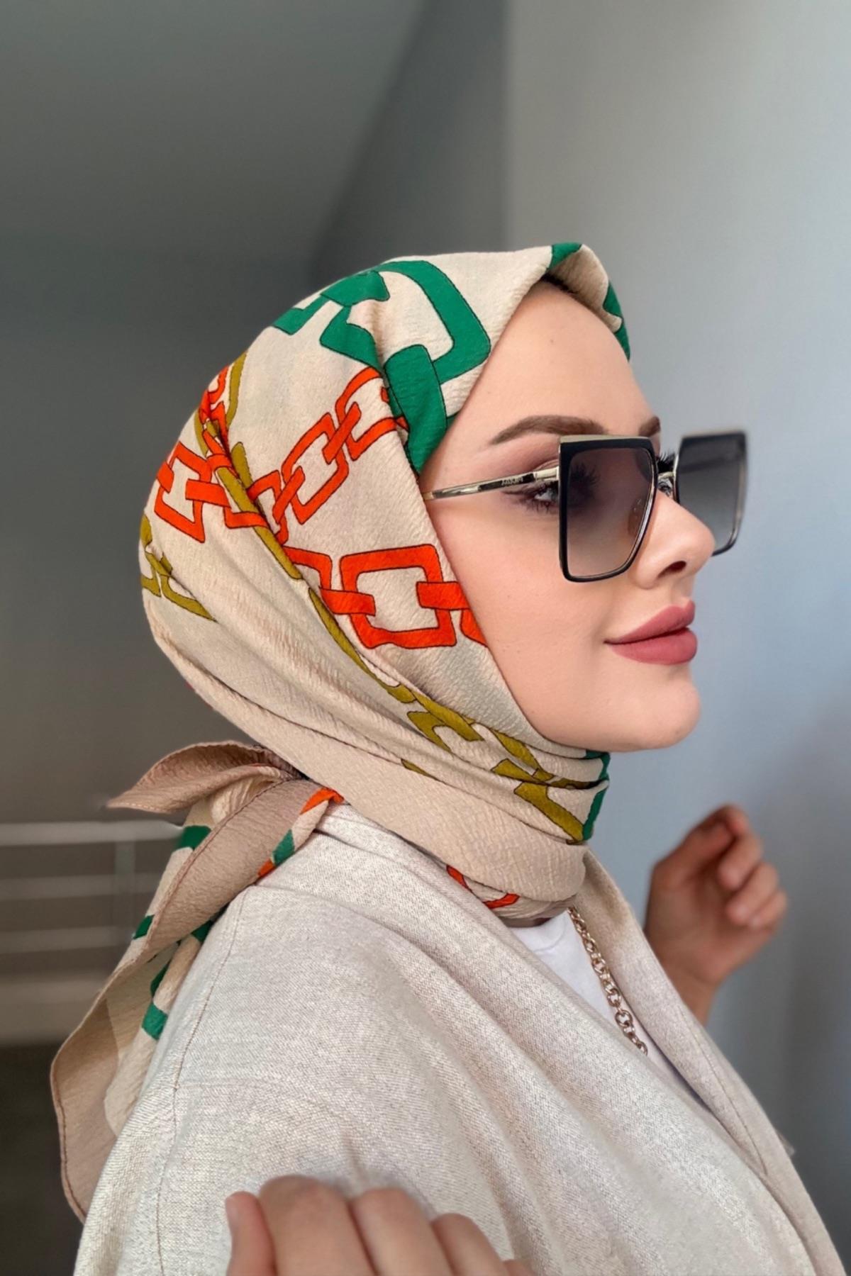 Zincir Desen Naturel Eşarp Renkli