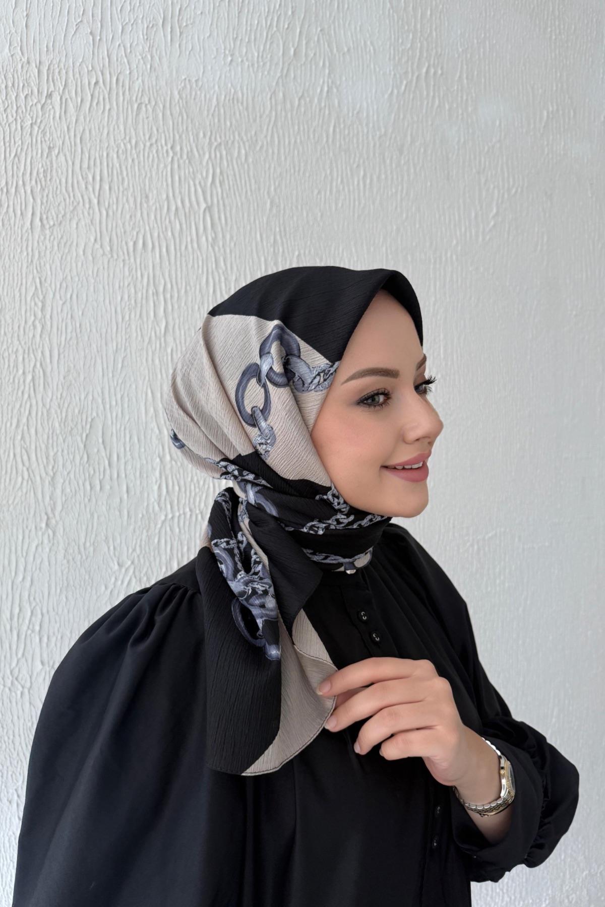 Zincir Desen Naturel Eşarp Siyah