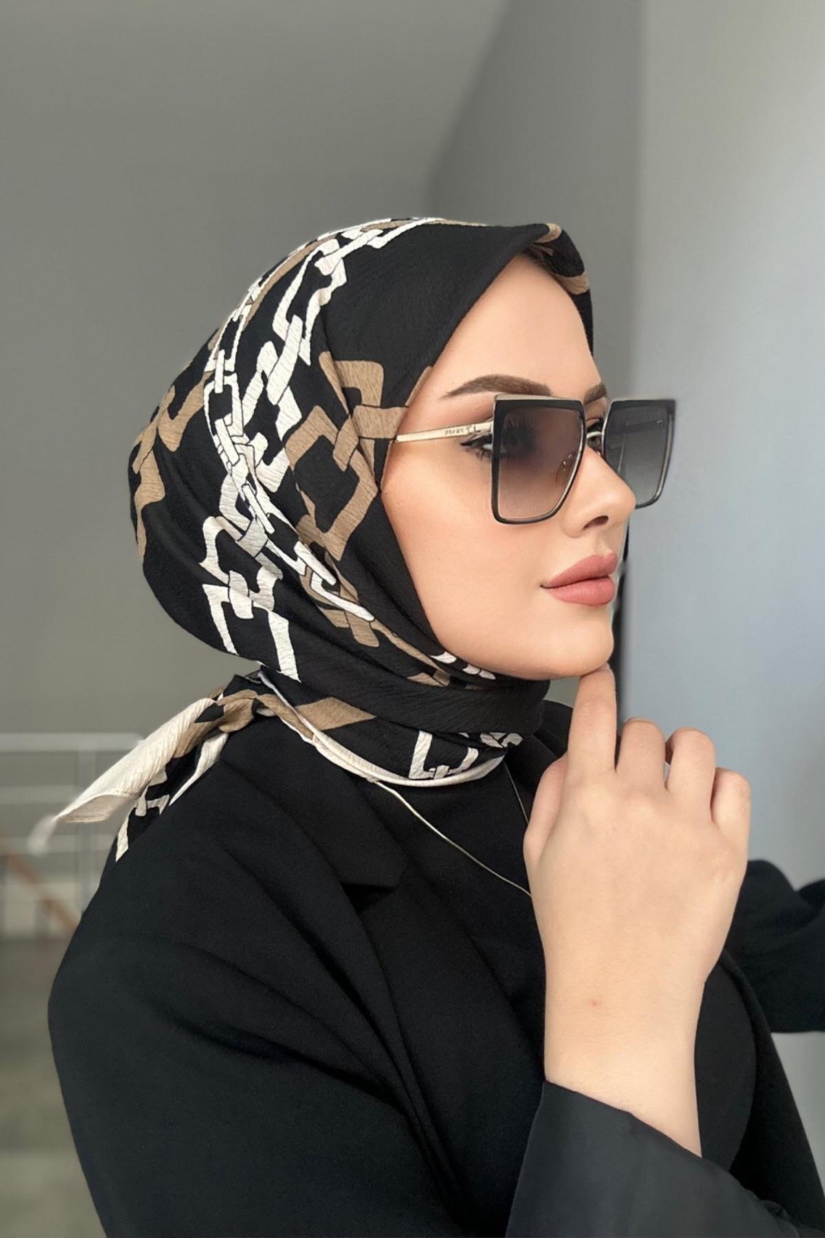 Zincir Desen Naturel Eşarp Siyah Vizon