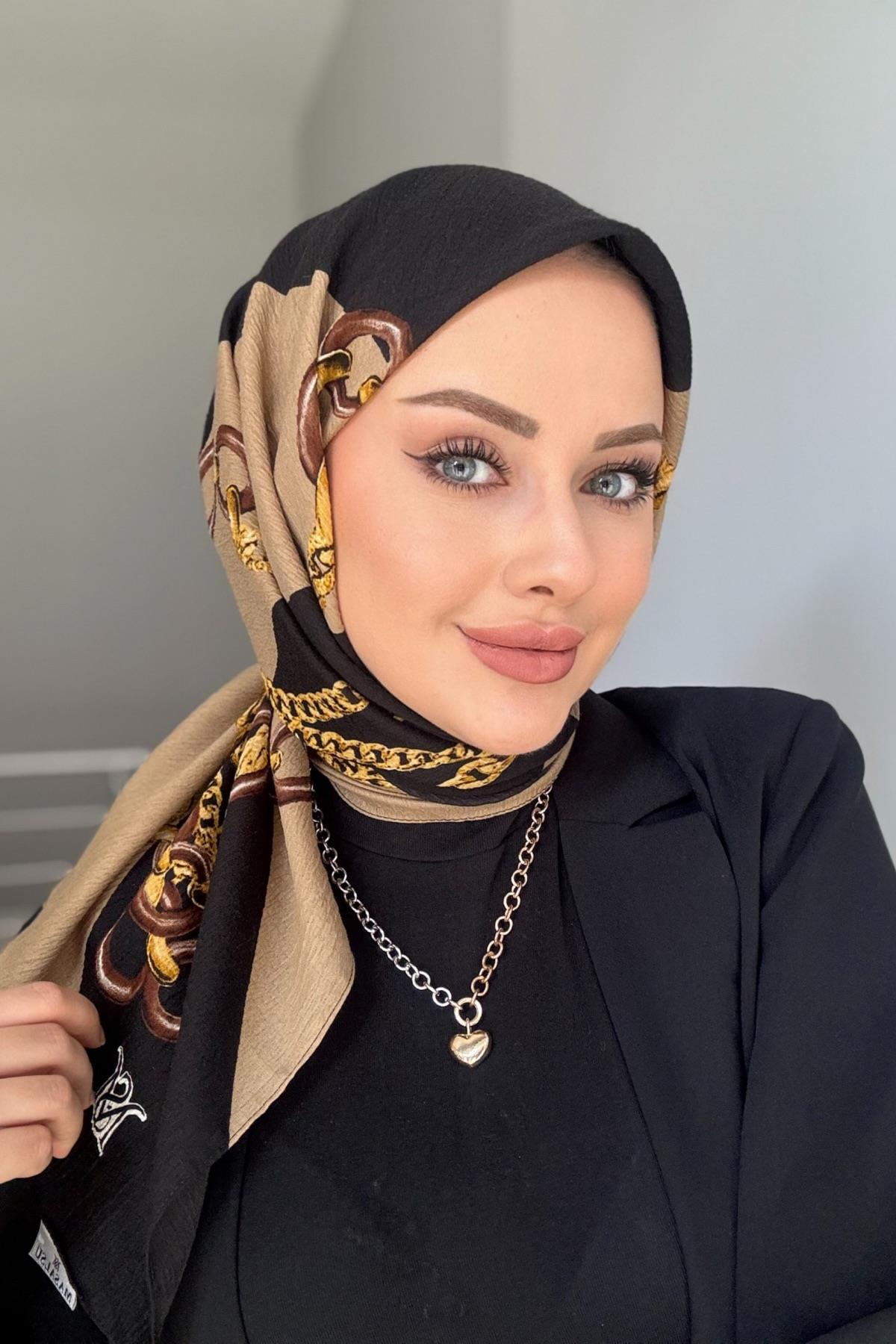 Zincir Desen Naturel Eşarp Siyah Vizon 