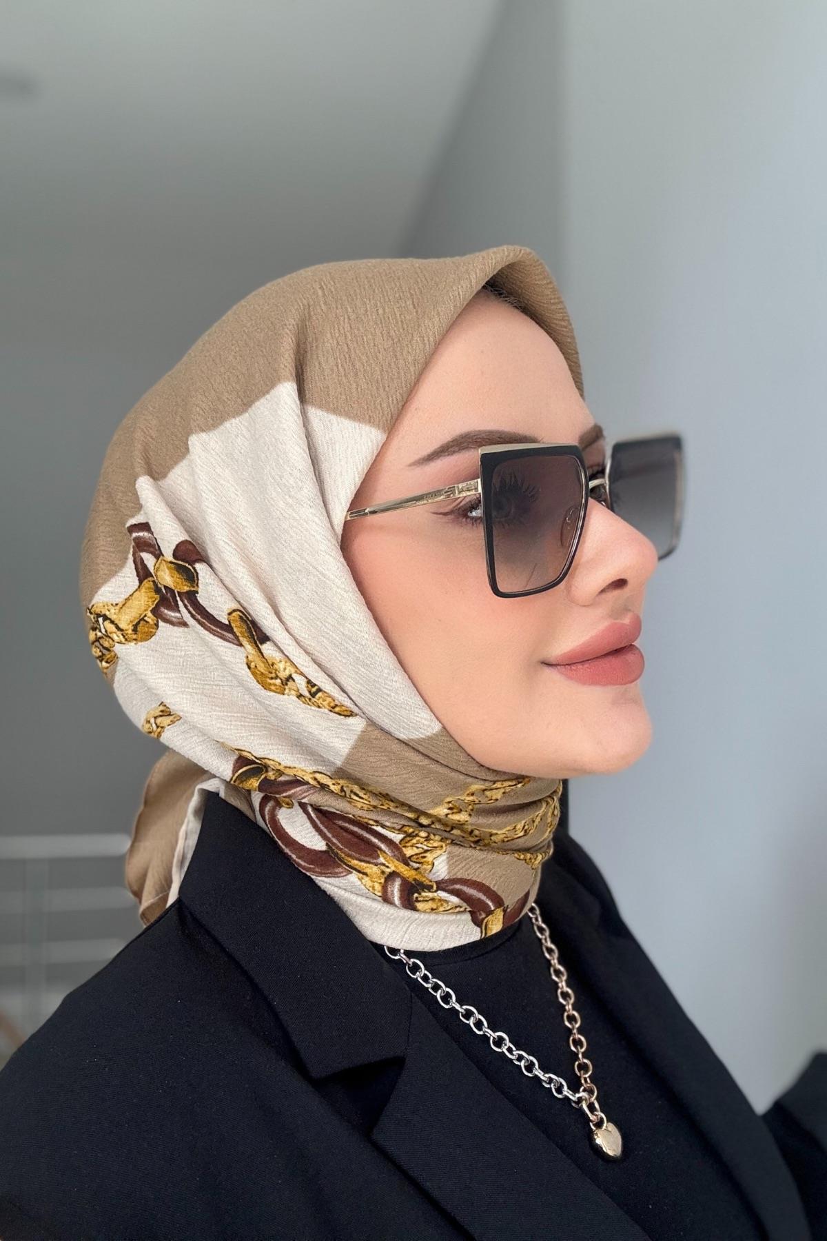 Zincir Desen Naturel Eşarp Vizon Bej