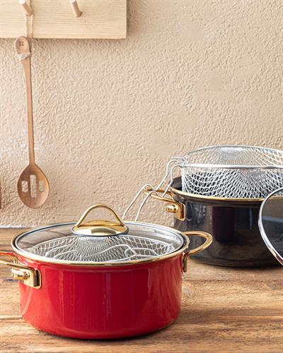 Тиган За Пържене Фритюрник с кошница Емайлиран 22 см Червен