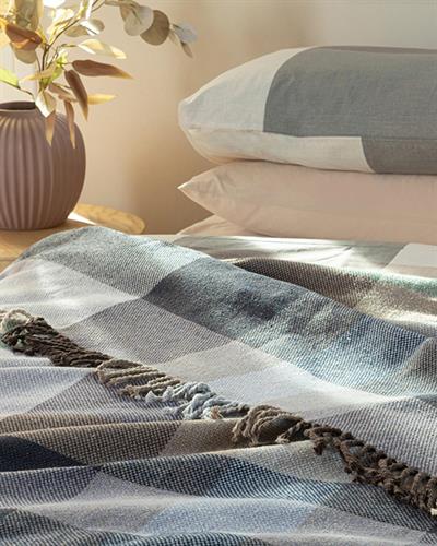  Одеало, Двоен Размер, Madras Check, Памучен, 200 X 220 Cm, Тъмно Синьо - Бежово