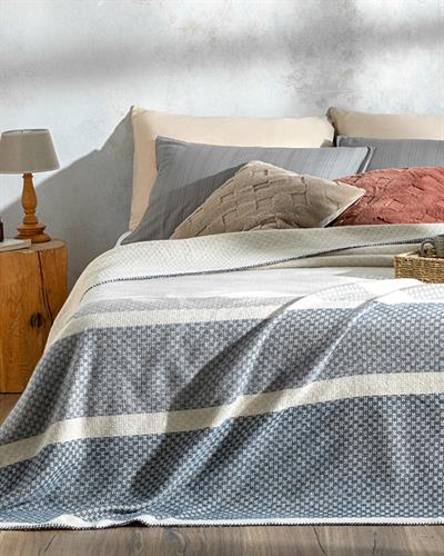  Одеало, Двоен Размер, Triple Stripe, 200 X 220 Cm, Морско Синьо-Сиво