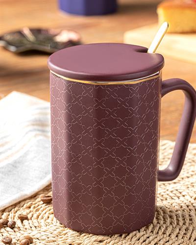 Alto New Bone China Lidded with spoon Cup 450 ml Claret Red