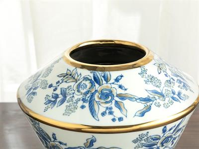 Big Roses Ваза Порцелан, Синьо-Бяло-Злато, 23 X 23 X 19 Cm