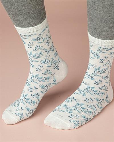 Blue Flower Cotton Women Long Length Sock 36-40 Blue