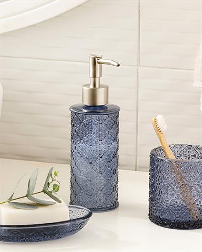 Blue Nature Glass 3 pcs Bathroom Set 6,5x6,5x18,5cm 10x10x11cm 9x13 Blue