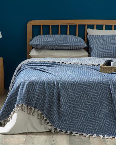 Check Lines Покривка За Легло К Единичен Размер, Тъкан, Тъмно Синьо, 160 X 240 Cm