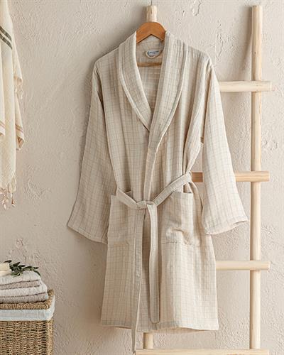 Checky Cottony checked Bathrobe L-XL Beige