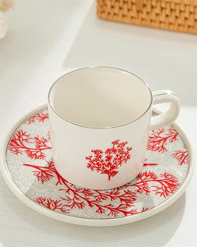 Coral Reef Комплект Чаени Чаши 4 Бр. За 2 Души, Bone Порцелан, Сиво-Червено, 200 Ml