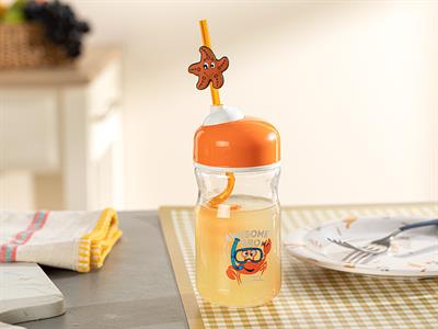 Crab Детска Бутилка Със Сламка Стъкло, Оранжево,, 370 Ml