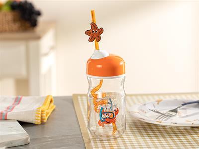 Crab Детска Бутилка Със Сламка Стъкло, Оранжево,, 370 Ml