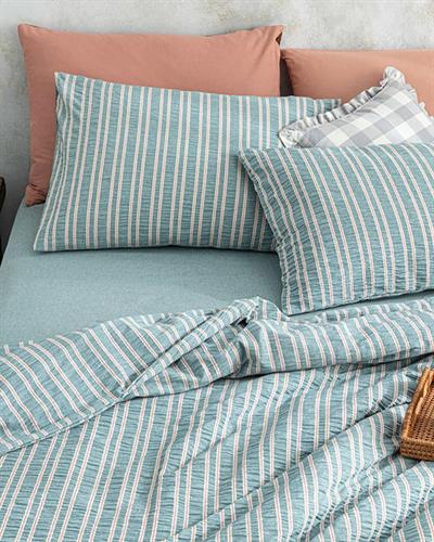 Crispate Seersucker King Size Duvet Cover Set 240x220 cm Petrol Blue – Coral