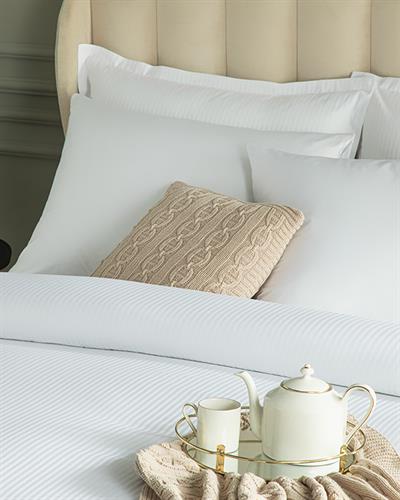 Deluxe Спално Бельо Компле Двоен Размер, Памучен Сатен На Райета, Бяло, 200 X 220 Cm