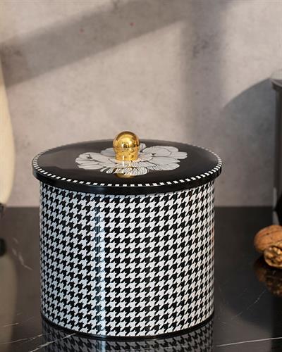 Denby Pied de poule Кутия За Съхранение Кръгъл Метал 17,5x15,5 см Черен - Бял