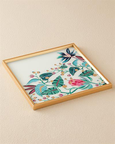 Exotic Leaves Декоративен Поднос Стъкло 33x33 см Бял - Златен..