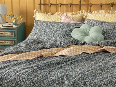 Fleur De Nuit Комплект Спално Бель Единичен Размер, Памучен, Тъмно Синьо, 160 X 220 Cm