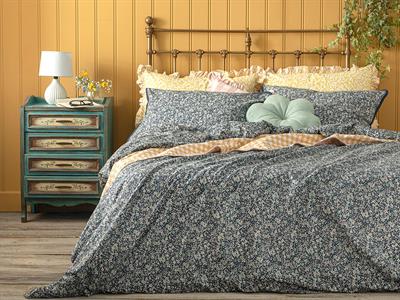 Fleur De Nuit Комплект Спално Бель Единичен Размер, Памучен, Тъмно Синьо, 160 X 220 Cm