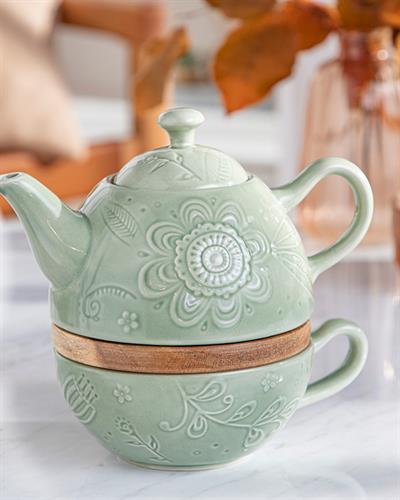 Floral Poem Stoneware Tea Pot Set 350 ml + 250 ml Green