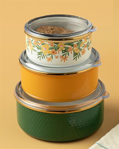 Flower Spree Кутия За Съхранение 3 бр. Емайлиран 12-14-16 см Горчица - Зелен