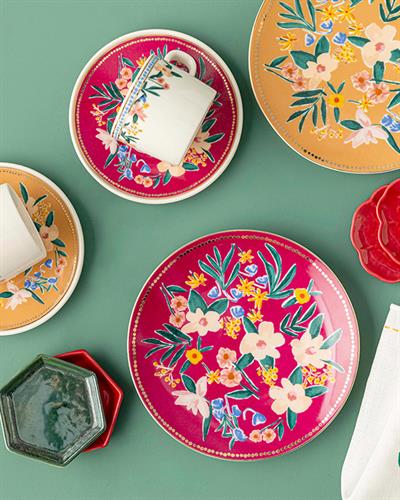 Flower Spree Porcelain 4 Parça 2 Kişilik Coffee Cup Set 90 ml Mustard-Pink