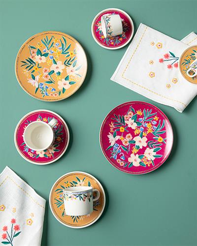 Flower Spree Комплект Чаени Чаши 4 Бр. За 2 Души, Порцелан, Горчица-Розово, 200 Ml